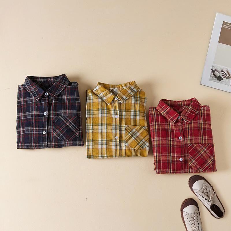 Spring and Autumn Plaid Shirt Women's Mid-length Long-sleeved Brushed Blouse Loose Casual Shirt