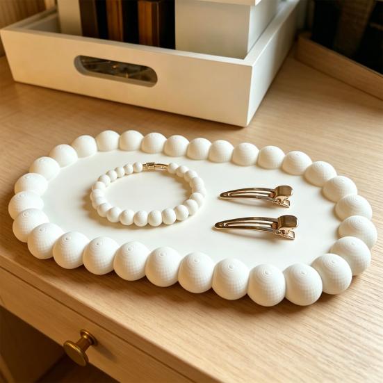 Decorative Jewelry Tray 3D Printed Small Trinket Dish with Beaded Trim Cute Ring Holder Plate for Rings Earrings Necklaces Bracelet Watch Keys