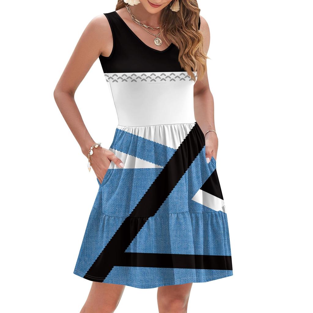 Women's Summer Fashion Casual V-neck Fold Splicing Polka Dot, Color Block Splicing Print Sleeveless Pocket Vest Dress
