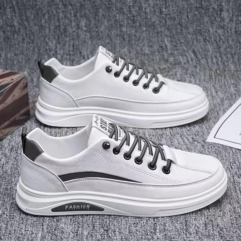 Sneakers Men's New Trend Leather Surface White Shoes Low Top Flat Baseplate Shoes Non-slip Casual Shoes Men