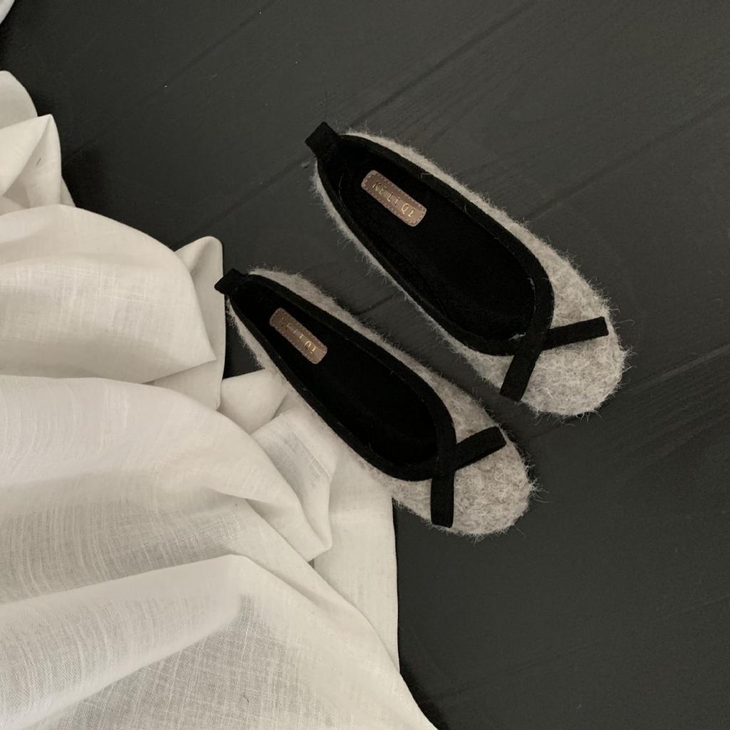 2025 new autumn and winter mink fluff bow fluff gentle flat bottom shallow mouth Mary Jane commuter OL women's shoes