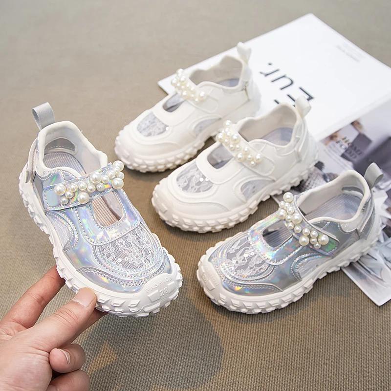 Kids Casual Shoes 2024 Spring Summer Air Mesh Breathable Girls Sneakers with Pearls Beading Bright Skin Shiny Children Shoes New
