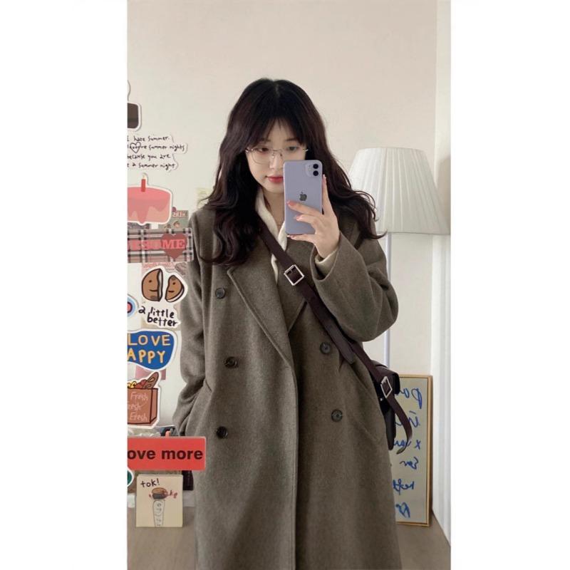 Cappotto di Lana Grigio Marrone da Donna Autunno e Inverno Nuovo Stile Stile Hepburn Retro Doppio Petto Lunghezza Media Cappotto di Lana