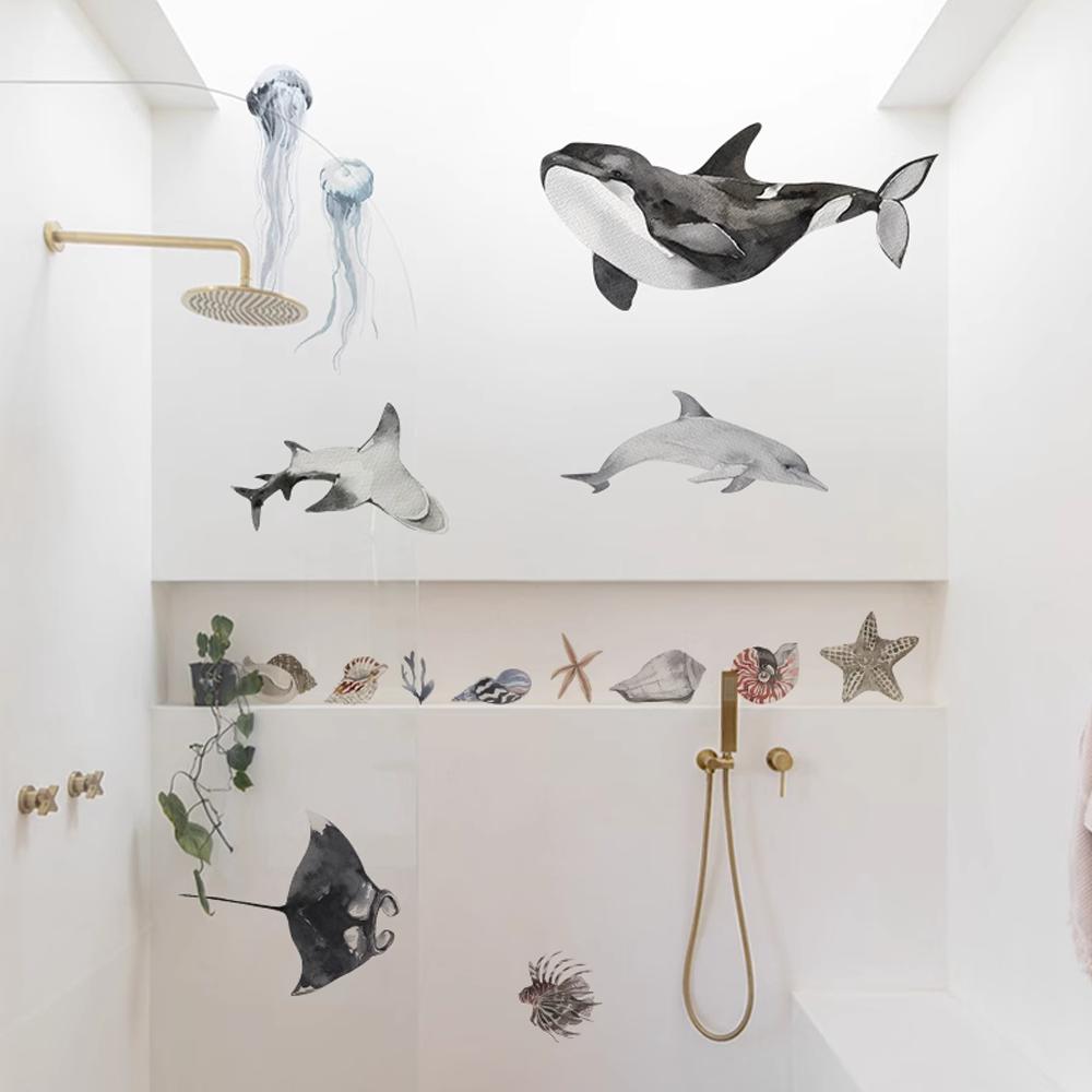 Underwater World Fish Wall Stickers Waterproof Watercolor Coral Ocean Wall Decals for Bathroom Nursery Baby Room Home Decor