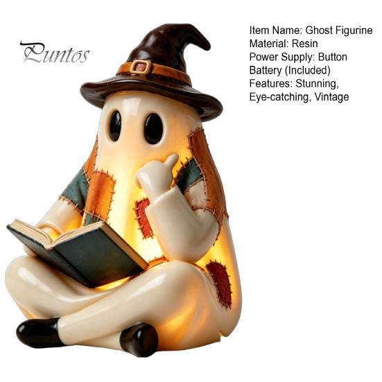 Regali Autunnali Unici Statuetta Fantasma Patchwork Vintage, Statua Carina da Lettura Illuminata a LED, Statua di Halloween Decorazione Spettrale in Resina per Tavolino Scaffale
