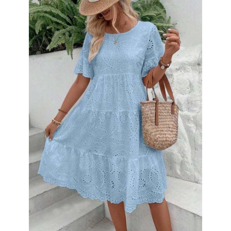 European and American fashion new wish hot sale solid color cotton embroidered lace hollow dress