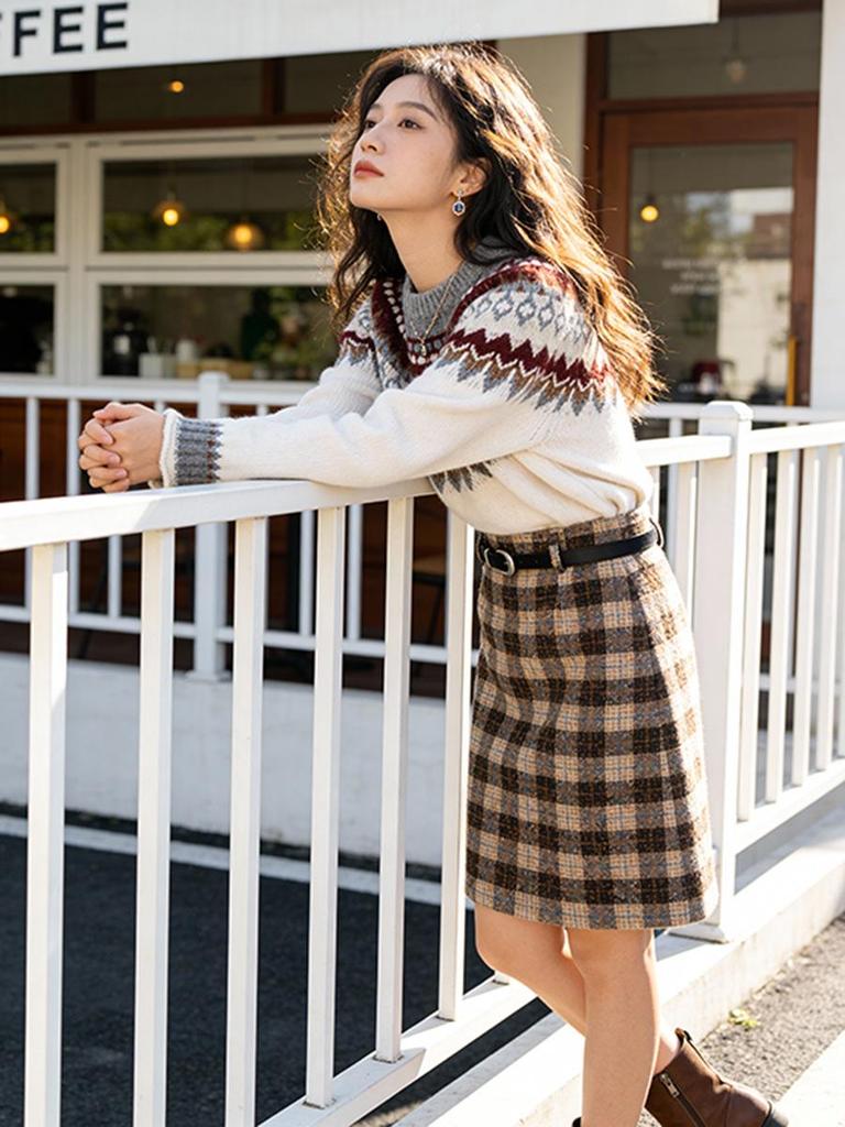 Feiyuan Women's Retro Plaid Wool Midi Skirt with Belt - Stylish Korean Pencil Skirt for Early Spring