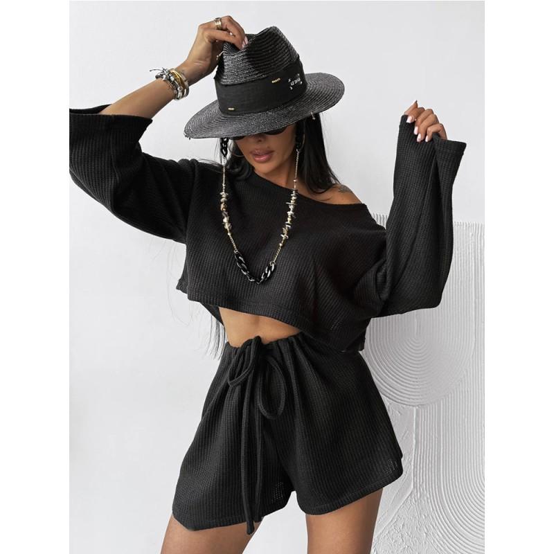 Womens 2026 Loose Comfortable Long Sleeve Top Shorts Set Pure Color Casual Lounge Wear