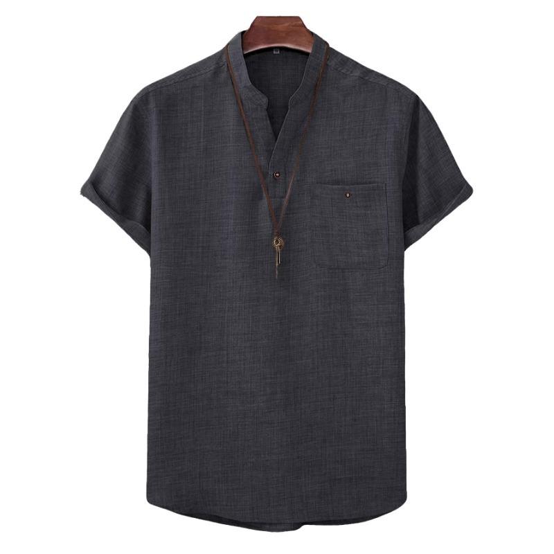 Men Linen Blend Mandarin Collar Short Sleeve Henley Shirt Casual Breathable Summer Top for Men