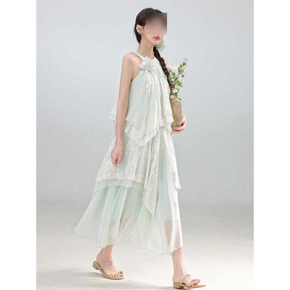 Super Fairy Vacation Wind Off-the-shoulder Neck Dress Summer Lace Splicing Irregular Lace Long Dress Women