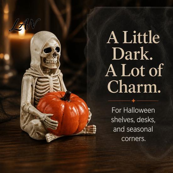 Wear-resistant Resin Craft Skeleton Holding Pumpkin Figurine, Grim Reaper Statue, Halloween Gothic Shelf Decor Spooky Table Ornament, Trick
