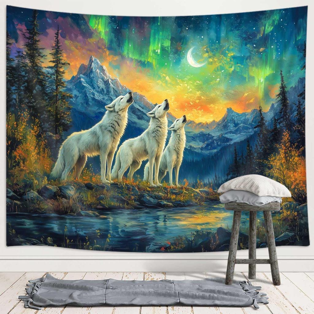 Viking Wolf Tapestry, Norse Mythology Runes Ancient Red Tapestries, Meditation Medieval Mystery Animals Ancient Art Tapestry for