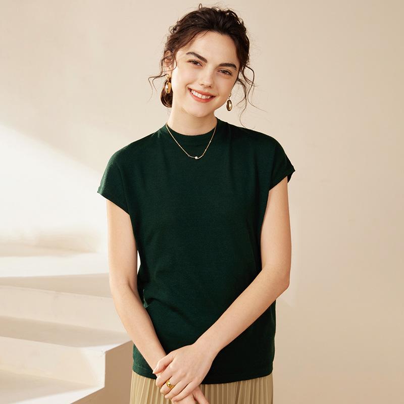 Yangzi Yarn Women's 100% Combed Wool Knit Vest T-Shirt - Short Sleeve, Round Neck, Summer Layer Top