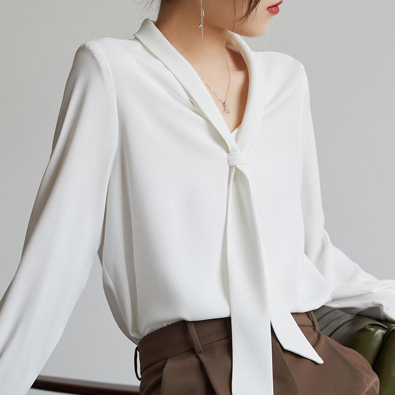 2025 Spring/Autumn Women's Chiffon Blouse: Elegant White Shirt with Flowing Ribbon for Professional and Interview Wear