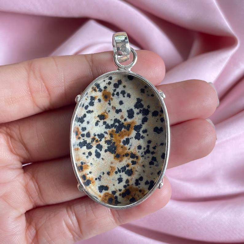 Dalmatian Jasper Pendant With Silver Chain Necklace 925 Sterling Silver Pendant