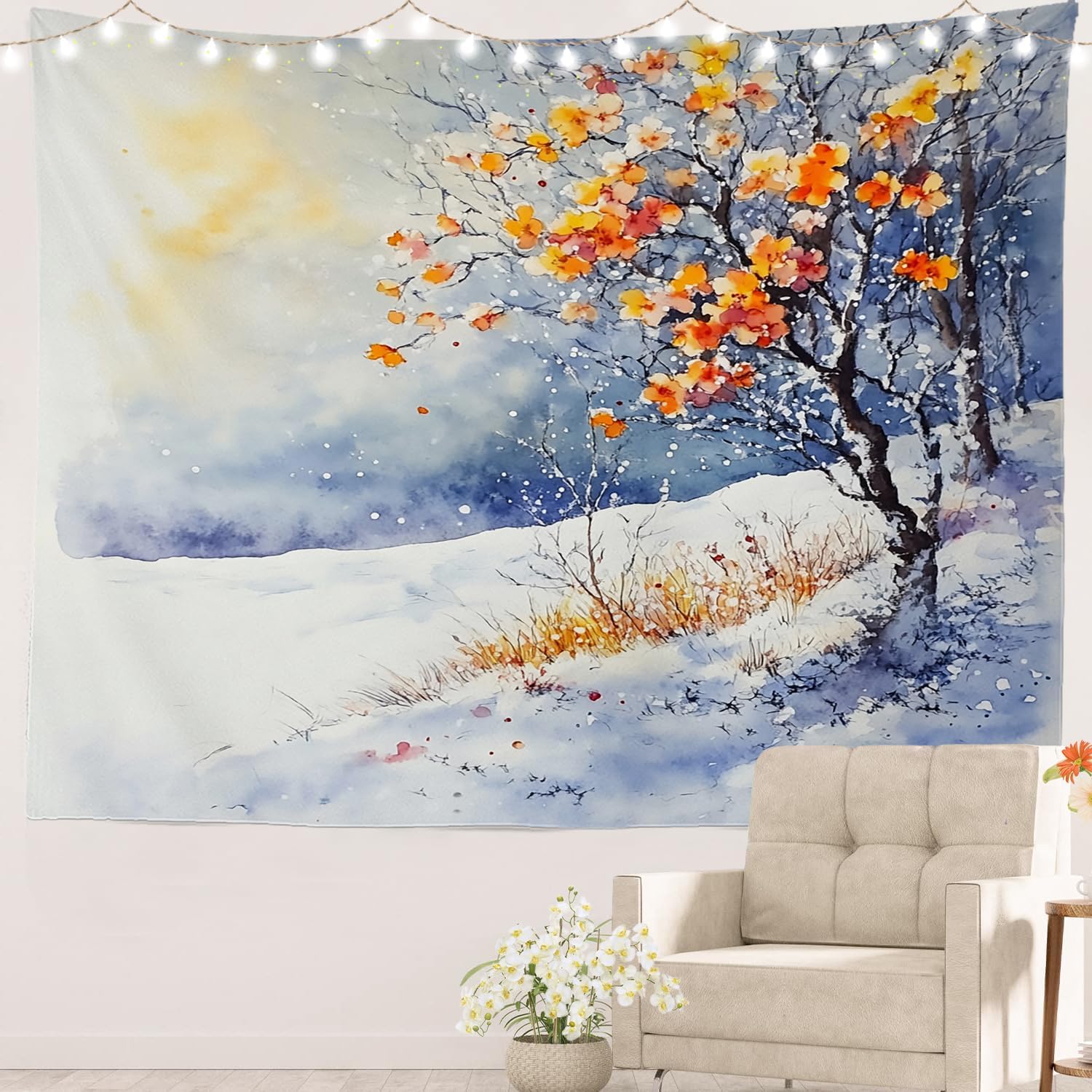

Winter Floral Landscape Tapestry Watercolor Snow Scene Wall Art Cozy Boho Decor for Bedroom Dorm Living Room 74x94cm(29x37in)