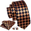 Luxury Gold Tie Bar Necktie for Men Plaid Check Silk Tie Pocket Square Cufflinks Boutonniere Set