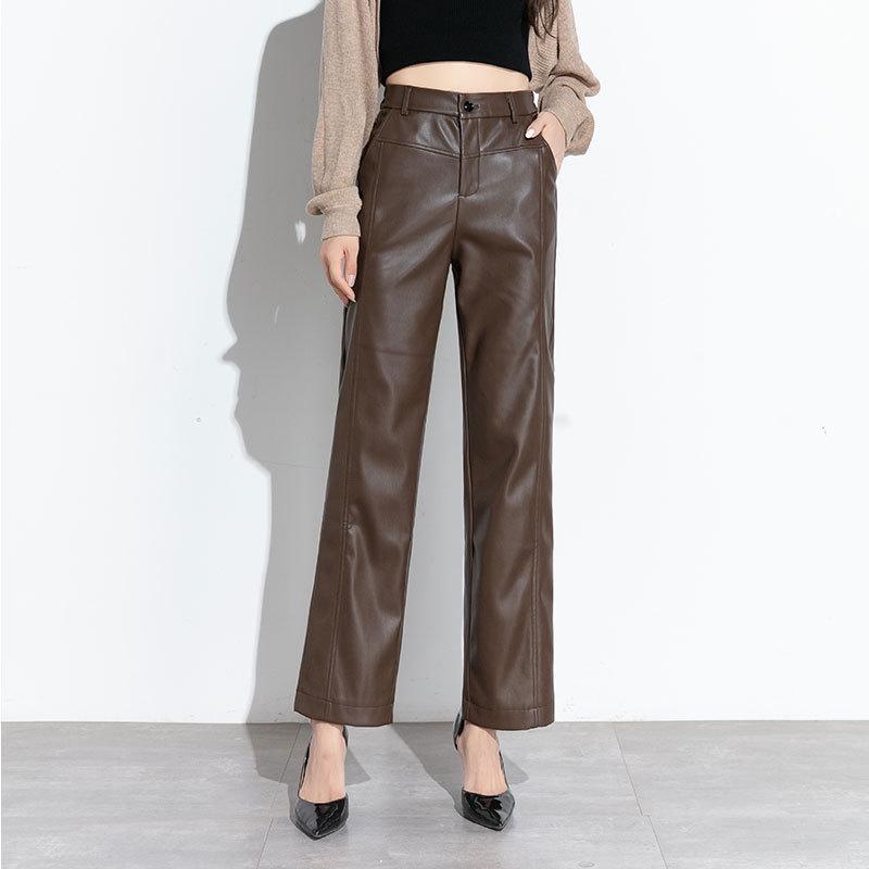 

Жіночі штани з натуральної шкіри широкі - З високою посадкою, прямі, з овечої шкіри, колекція Осінь/Зима 2025. M кавовий