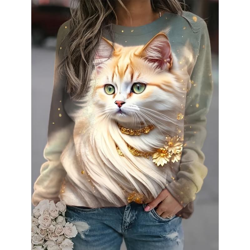 Women's Cute Cat Pattern Printed Women's Casual Long Sleeve Round Neck