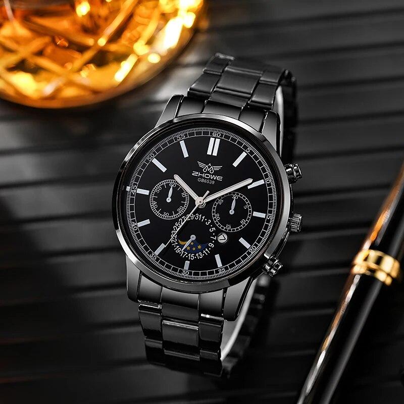

Men s New Explosive Fashion Trend Business HIGH-TECH Fake Three-eye Calendar Quartz Steel Belt Watch чёрный