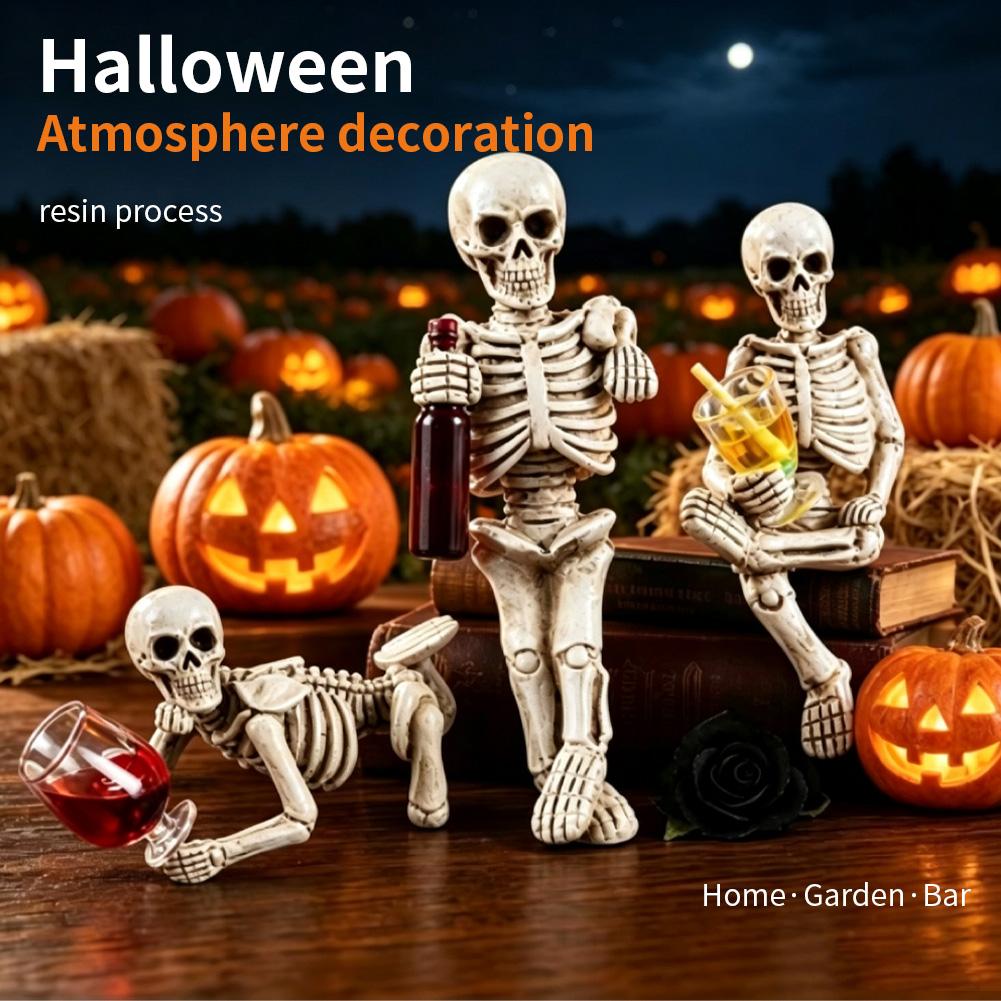 Garden Bar Halloween Skeleton Figurine 3D Skull Figurine Resin Skeleton Statue Creative Modern Art Statue Study Desk Ornament