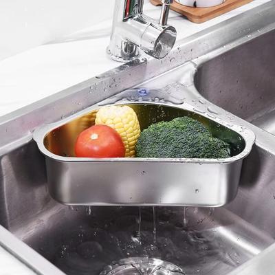 Stainless Steel Portable Strainer Mesh Colander Strong Suction Cup Kitchen Sink Drain Rack Triangle Shape Ventilation Design