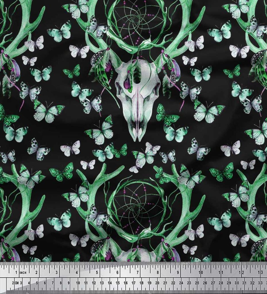 Soimoi Green Japan Crepe Satin Fabric Insect|Dream Catcher & Reindeer Face Animal Fabric Prints by Yard 42 Inch
