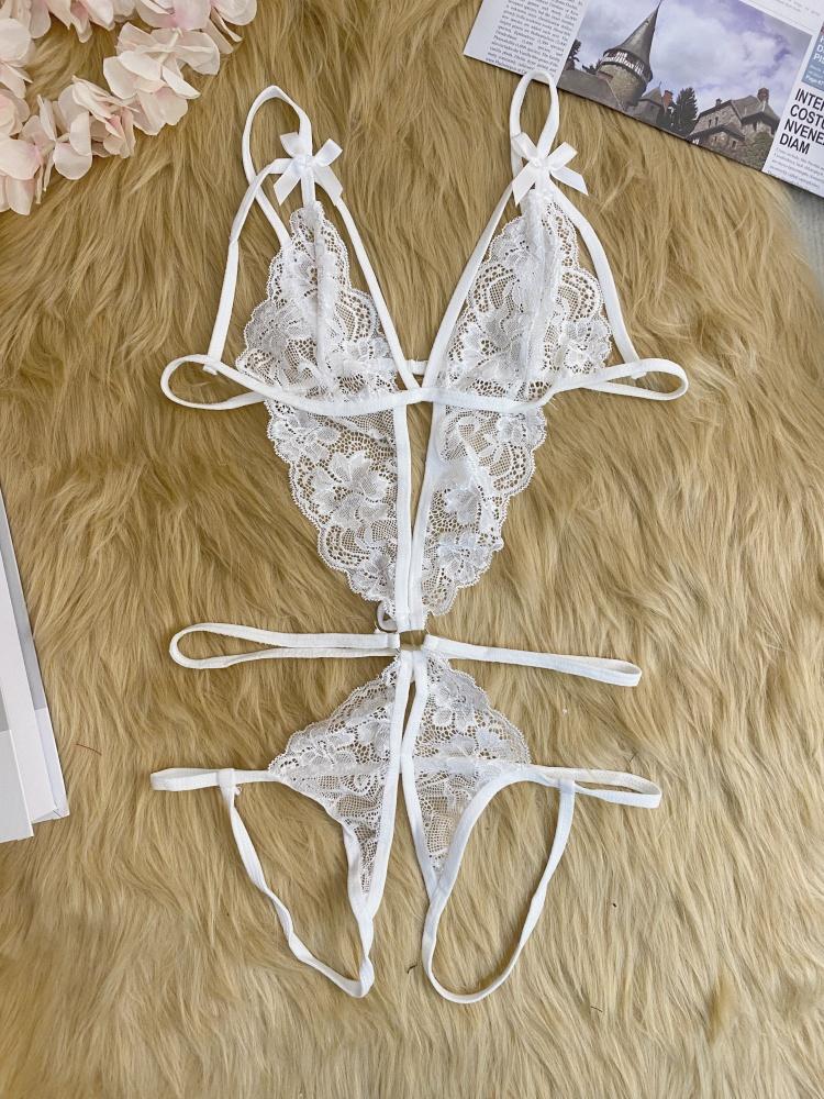 Crotchless Red Sexy Lingerie Women Lace Hollow Bra Set Erotic Costumes Teddy Baby Doll Dress Deep V Open Bra Sexiest Bodysuits