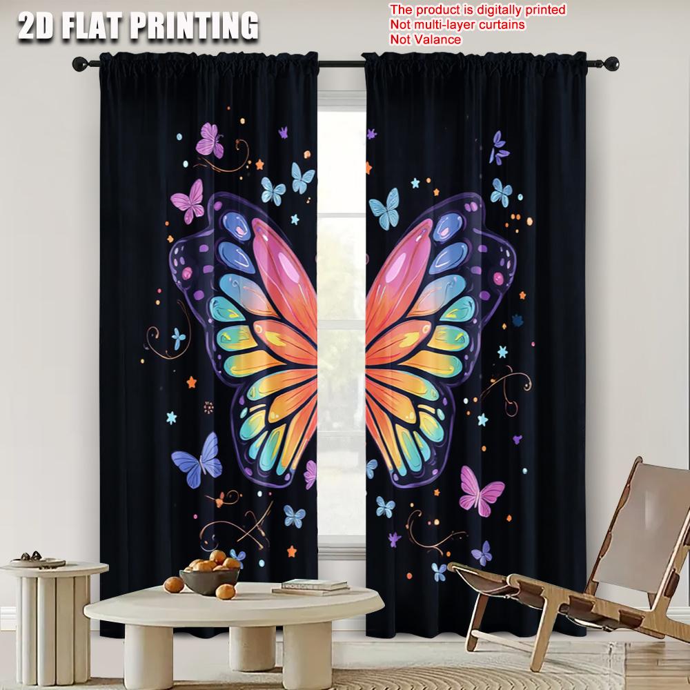 2pcs   2D Flat Printing Party Curtain Color Butterfly 100% Polyester  Without Electricity Holiday Decorations Use for Bedroom and