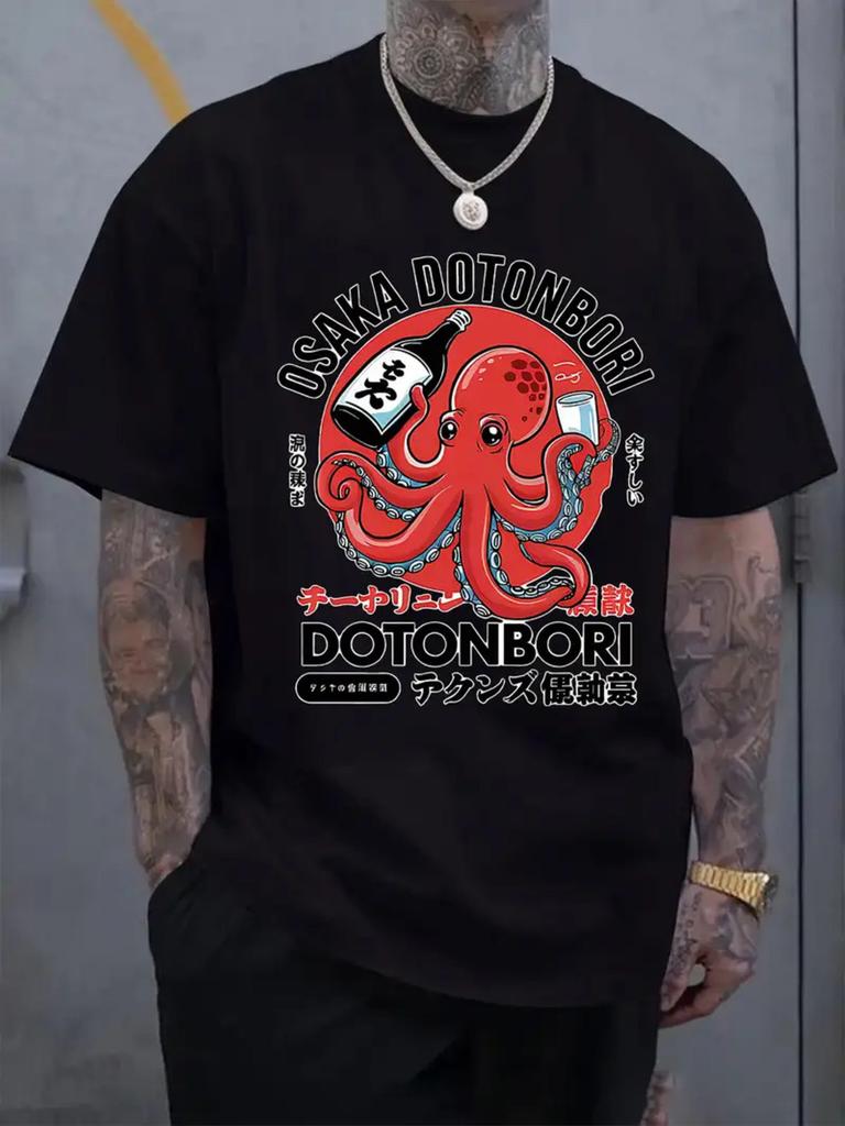 Osaka Dotonbori Octopus Print 100 Cotton Men Woment Tshirt Summer Autumn Daily Outdoor Sports Casual Loose Street Shortsleeve