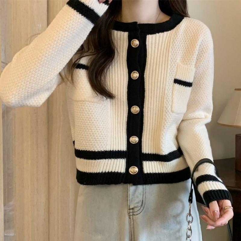 

Autumn and winter new loose sweater jacket cardigan women s tide contrasting color crew neck knitting small fresh one size fits all