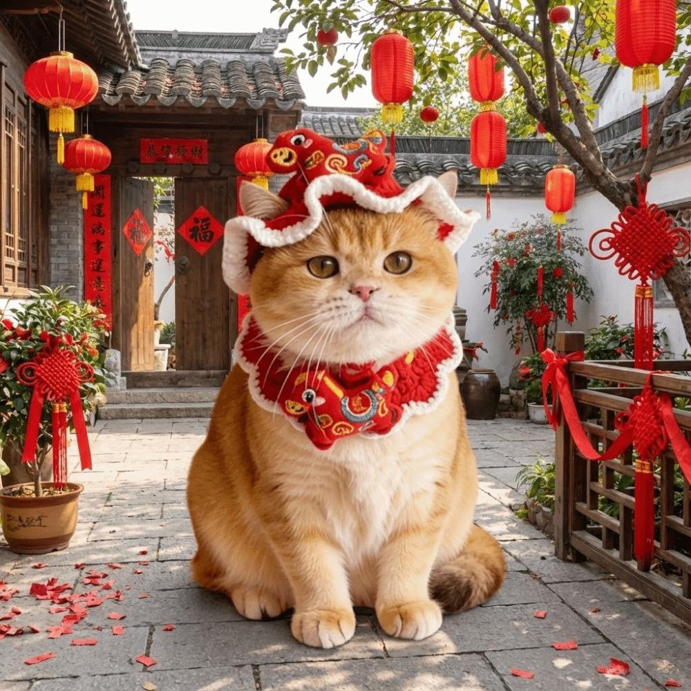Cartoon Chinese Style Pet Scarf Zodiac Horse Design Adjustable New Year Cat Headwear Comfortable Red Puppy Knitted Scarf