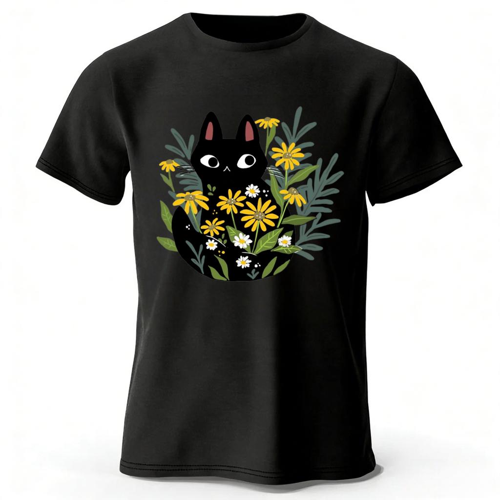 Spring Literature Clear Black Cat Printed Cotton T-shirt for Men Fashion Casual Plus Size Loose Short Sleeve Soft Top