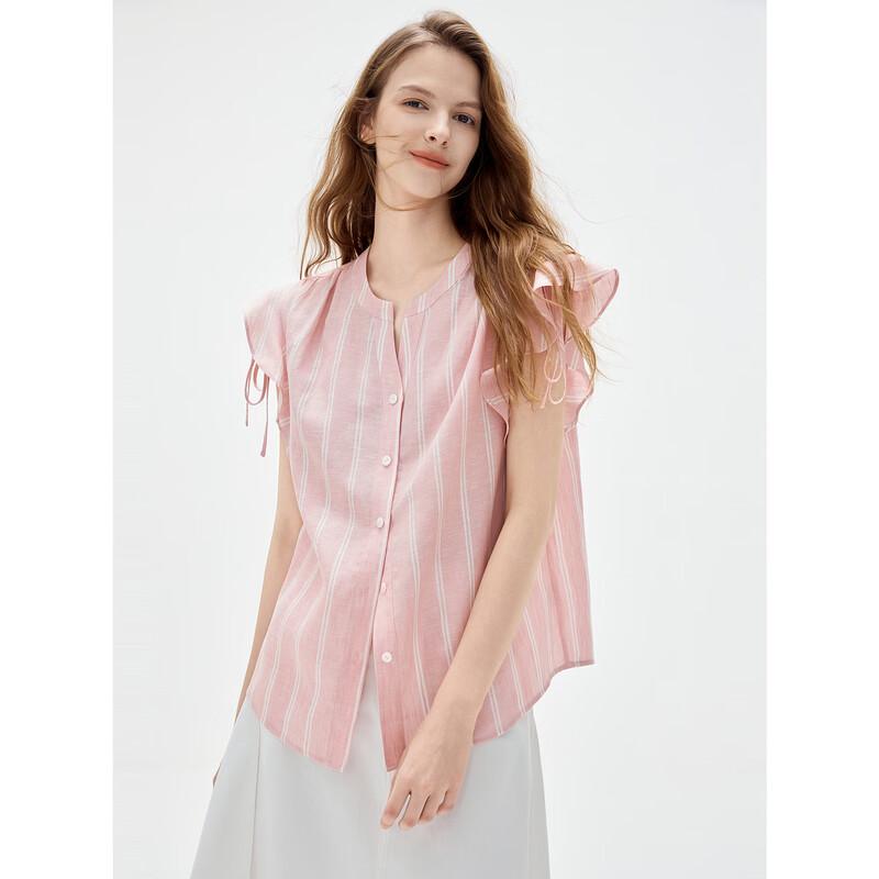 ELLE Women's Lyocell-Linen Ruffle V-Neck Blouse