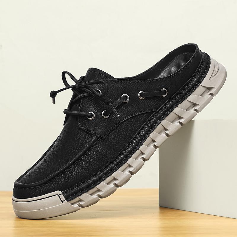 Men's Summer New Large Size Slip-On Driving Shoes Outdoor Genuine Leather Breathable Rubber Sole Square Toe Bean Bean Shoes
