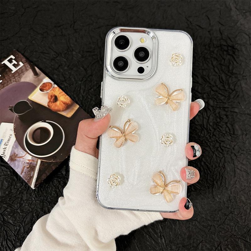 Butterfly Flower Glitter Mobile Phone Case For Iphone17Promax Epoxy Apple 14Plus Soft Case 16 Women'S Models