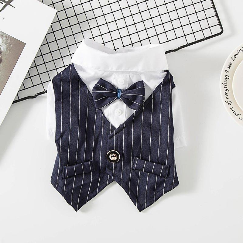 Herrlicher Hundemantel Umweltfreundliche Baumwolle Gestreifte Fliege Smoking Haustier-Outfit Hochzeitsanzug Formelles Hemd für Kleine Hunde Sommer