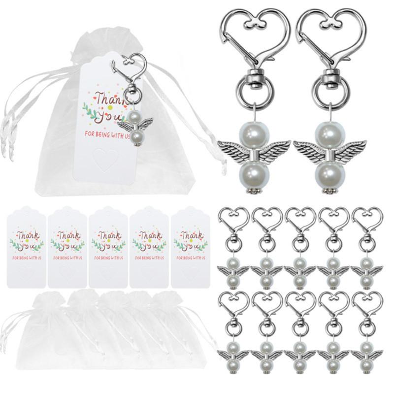 20 Sets Wedding Gift  Box  Decor  Set, Metal Guardian Angel Keychain Pendant+organza Bag+tag Suit,