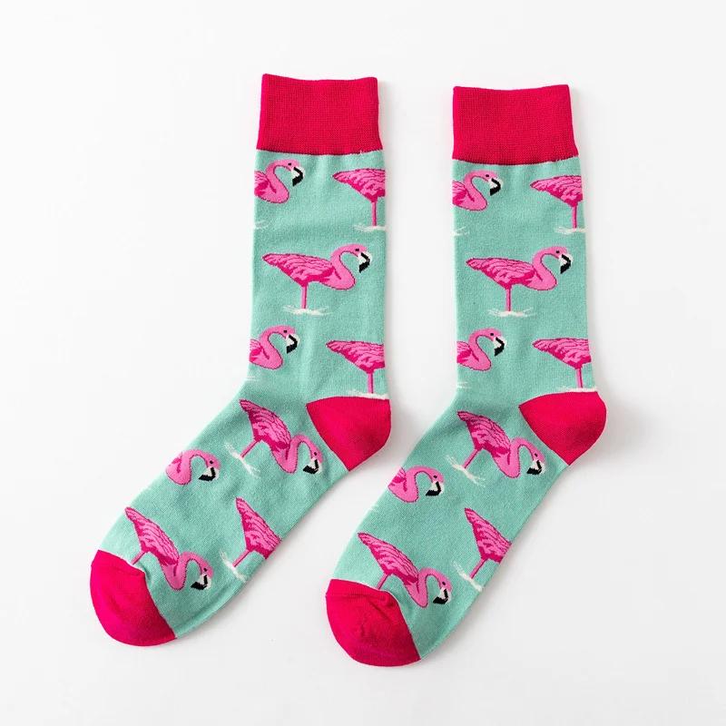 

1Pair 35-44 Men Casual Cotton Sock Harajuku Cartoon Flamingo Loving Heart Cute Funny Character Japanese Socks