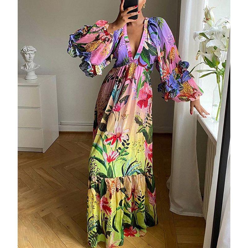 

Лето 2023 Amazon Новая Принтованная Градиентный Цвет Рюши Глубокий V-образный вырез Сексуальное Приталенное Длинное Платье Платье Color 3XL