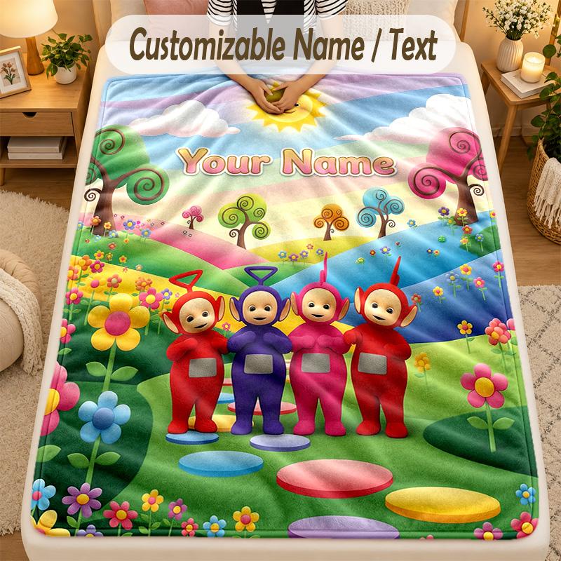 Flannel BlanketTeletubbies Custom Name Text Personalized Soft Warm Throw Blanket Home Decor Gift