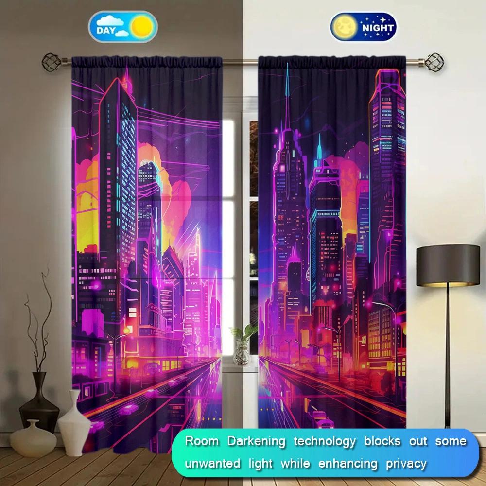 Future City Painting Printed Curtain for Home Decor - Rod Pocket Window Treatment for Bedroom   Kitchen   Living Room