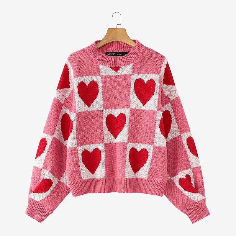 ZANZEA Женский повседневный свитер с длинным рукавом и принтом в виде сердца 3XL розовый