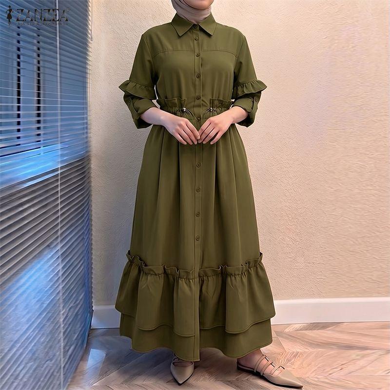 ZANZEA Women Casual Turn Down Collar Loose Long Sleeve Button Long Dress