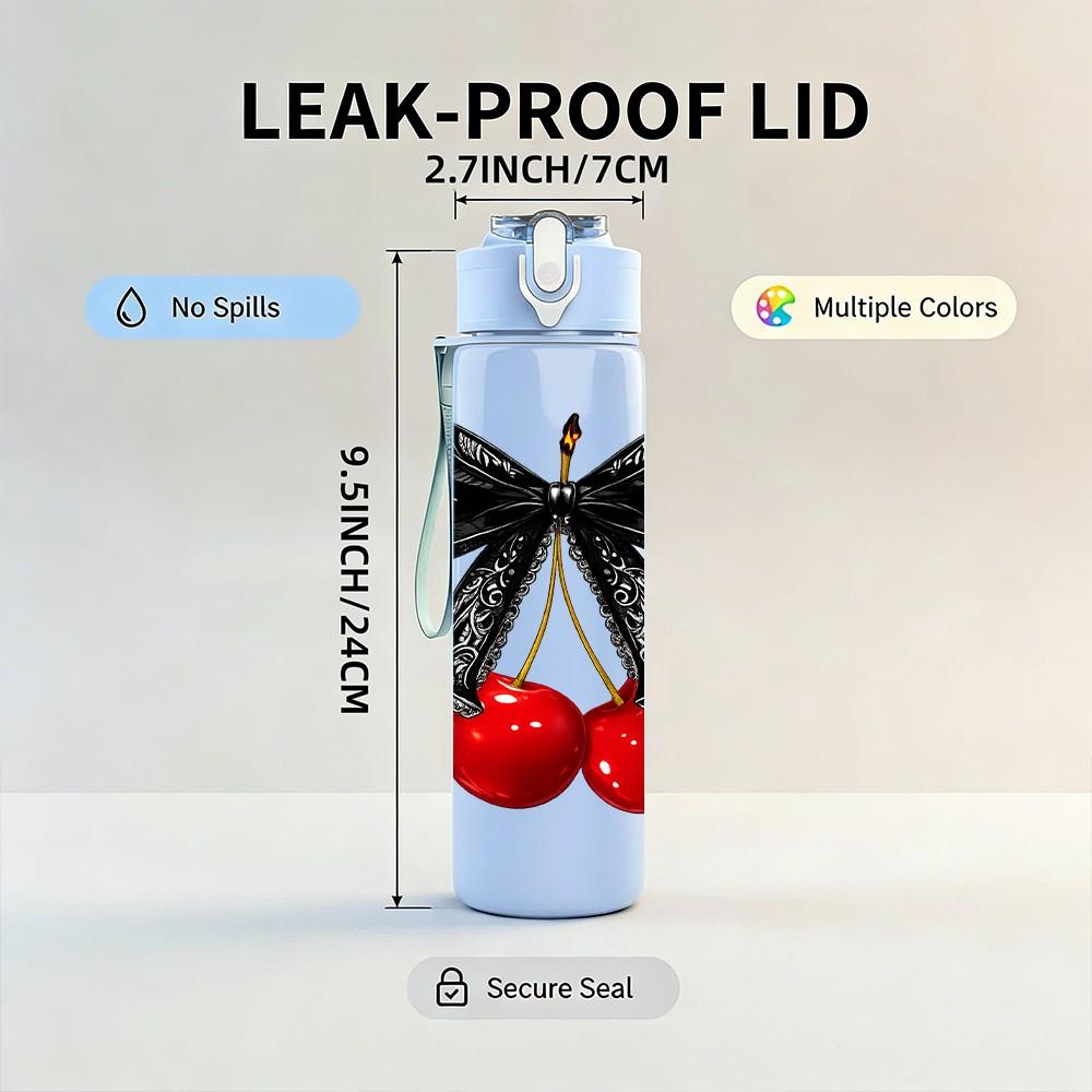1PC Black Bow Fresh Red Cherry Fruit Print 750ml Color Plastic Sports Water Bottle Leakproof Flip Straw Lid Suitable for Sports Office Home Use