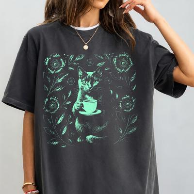 Boho Cat Coffee Lover Shirt, Vintage Cottagecore Cat Graphic Tee, Retro Floral Kitty Apparel, Cozy Bookish Gift