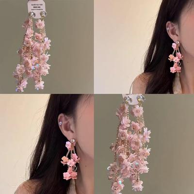 Zircon Sequined Flower Fringed Earrings Super Fairy Pink Sweet Girl Heart Earrings Spring and Summer Vacation Style Earrings