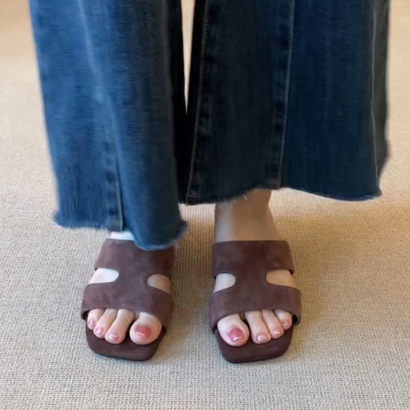 Sheepskin Version~ Simple Open-toed Wedge Heel One-word Slippers Women's Summer Retro Soft-soled Casual Hollowed-out Outer Cool Slippers