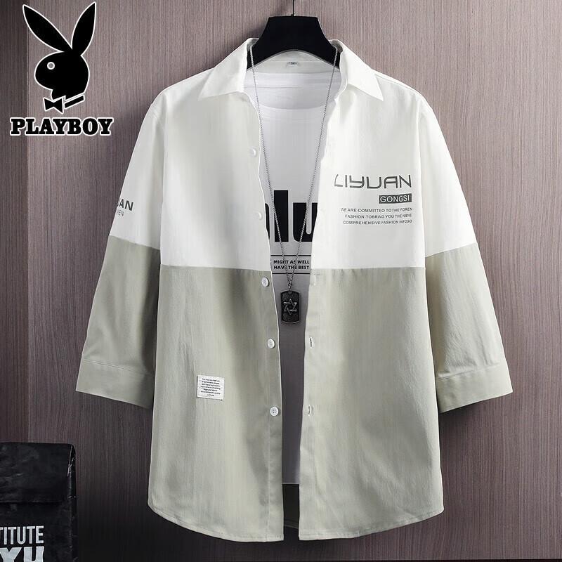 PLAYBOY Men s Summer 3/4 Sleeve Ice Silk Casual Shirt