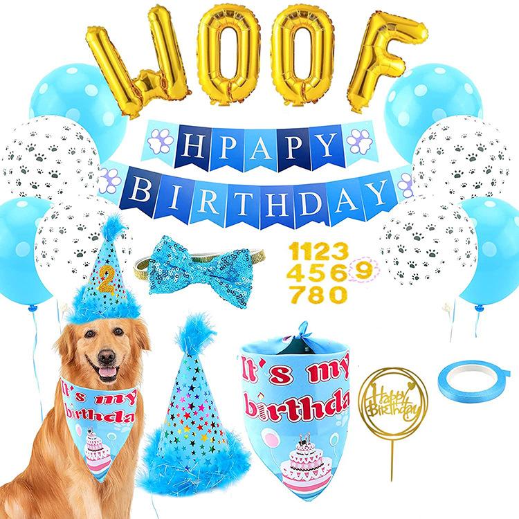 Cute Pink Blue Pet Birthday Woof Balloon Banner Hats Saliva Towels Cake Bow Tie Sets Dog Birthday Party Decorations